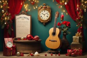 Dibujo hiperrrealista de una guitarra flamenca en medio de una decoración navideña.