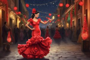 Imagen de una flamenca en Navidad o Fin de Año 2023, publicidad para contratar Navidad Flamenca con Norte Flamenco Cultural Agency.